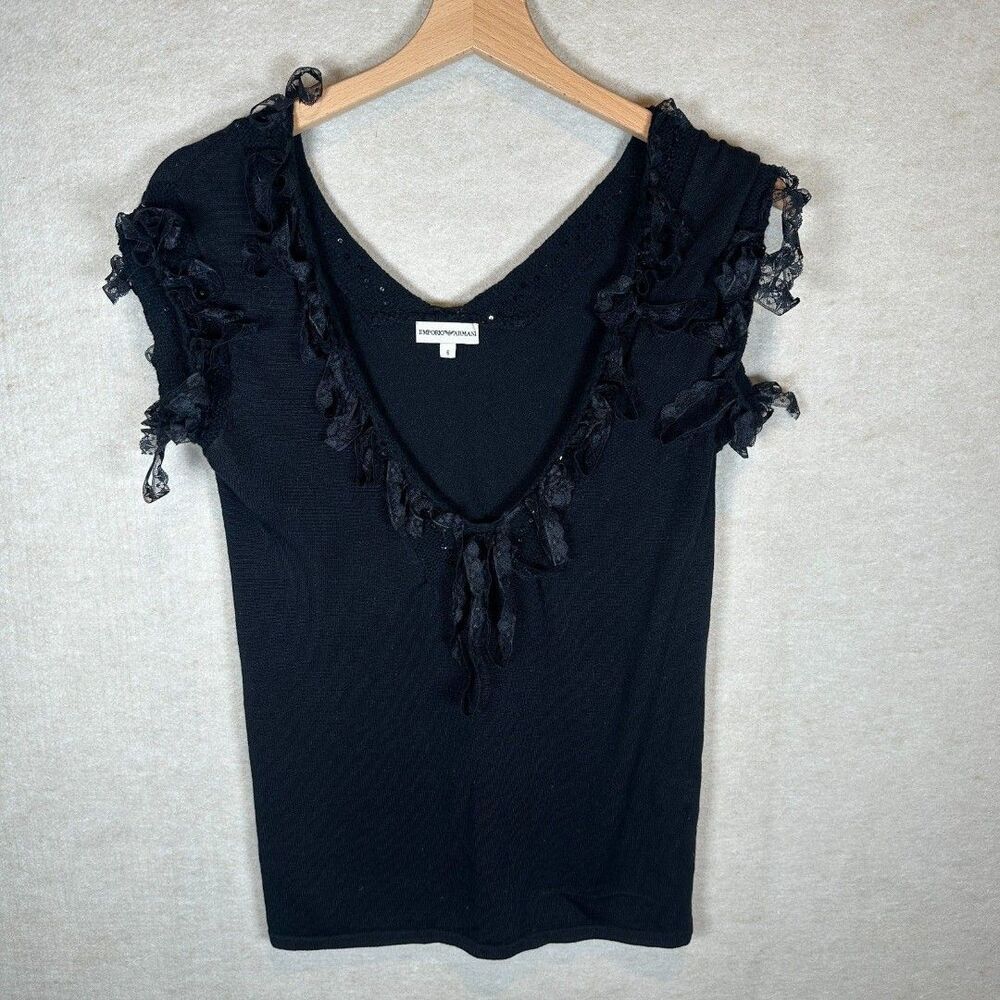Emporio Armani Womens Size 6 Black Lace Trim Sleeveless Top Beaded